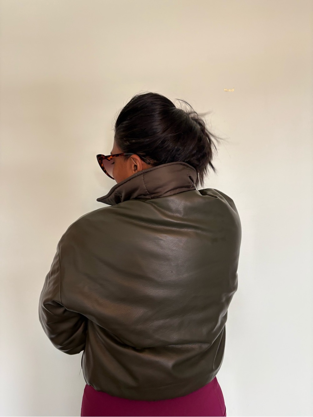 Womens Olive Green Vegan Leather Bomber Jacket
